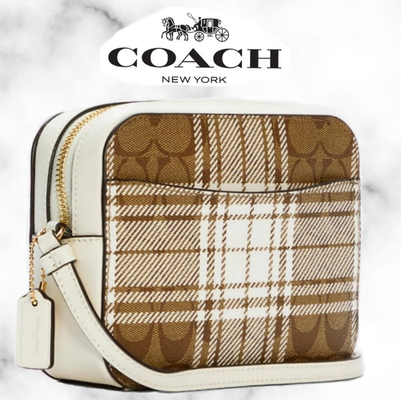 Coach Mini Camera Bag In Signature Canvas With Hunting Fishing Plaid Print - Picture 2 of 4